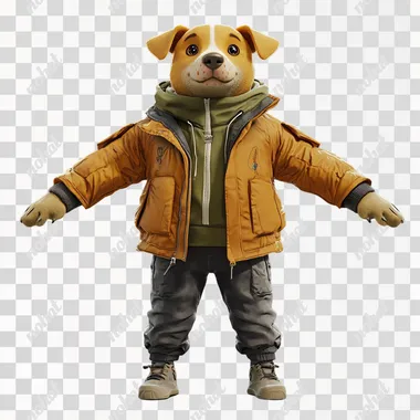 anthropomorphic dog character wearing apparel. smooth edges, complex geometry, game-ready, character, symmetric geometry, arms up