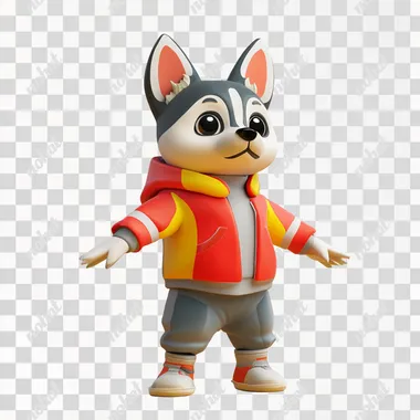 anthropomorphic dog character wearing apparel. smooth edges, complex geometry, game-ready, character, symmetric geometry, arms up