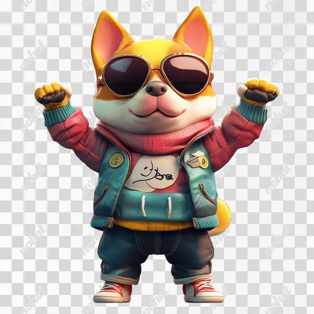 PNG Cartoon dog character in sunglasses and jacket, arms up, playful design