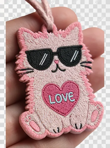 Cute fluffy cat tag, soft pink and blush tones with rose pink outline, wearing small black sunglasses with love heart, anthropomorphic pose (sitting, showing small paws), heavy relief texture, simple facial features (big round eyes behind sunglasses, small triangular nose, thin whiskers), heavy hand-cut look, kawaii aesthetic, no background, high details