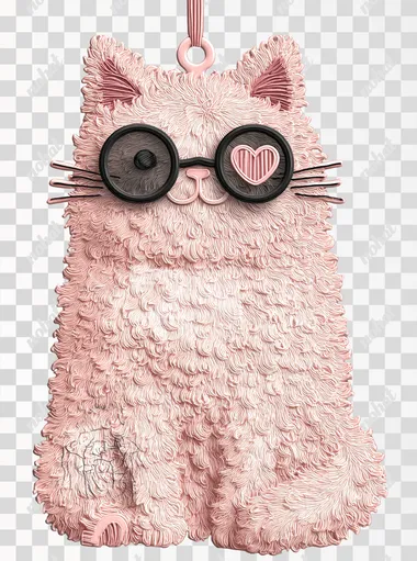 Cute fluffy cat tag, soft pink and blush tones with rose pink outline, wearing small black sunglasses with love heart, anthropomorphic pose (sitting, showing small paws), heavy relief texture, simple facial features (big round eyes behind sunglasses, small triangular nose, thin whiskers), heavy hand-cut look, kawaii aesthetic, no background, high details