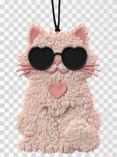 Cute fluffy cat tag, soft pink and blush tones with rose pink outline, wearing small black sunglasses with love heart, anthropomorphic pose (sitting, showing small paws), heavy relief texture, simple facial features (big round eyes behind sunglasses, small triangular nose, thin whiskers), heavy hand-cut look, kawaii aesthetic, no background, high details