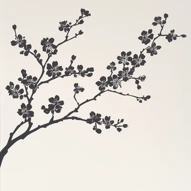 a floral silhouette of cherry blossoms on a plain white background
