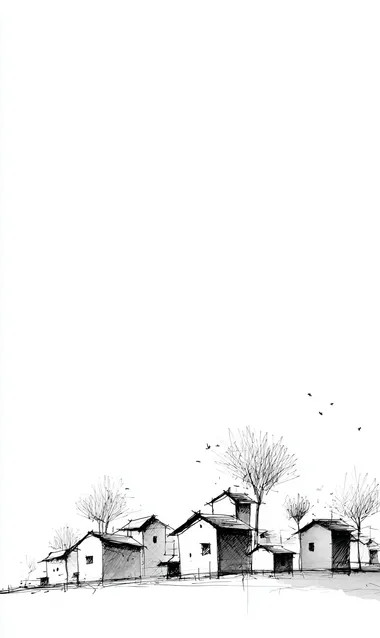 very simple white and black lined sketch of villige , houses, minimalistic, only lines, no fill, trees with leaves, white background,