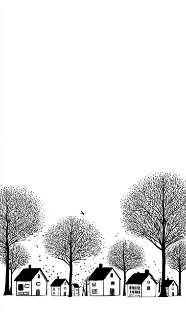 very simple white and black lined sketch of villige , houses, minimalistic, only lines, no fill, trees with leaves, white background,