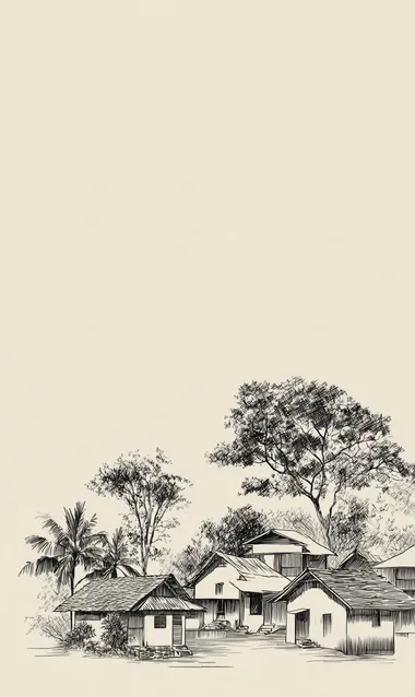 very simple white and black lined sketch of villige , houses, minimalistic, only lines, no fill, trees with leaves, white background,