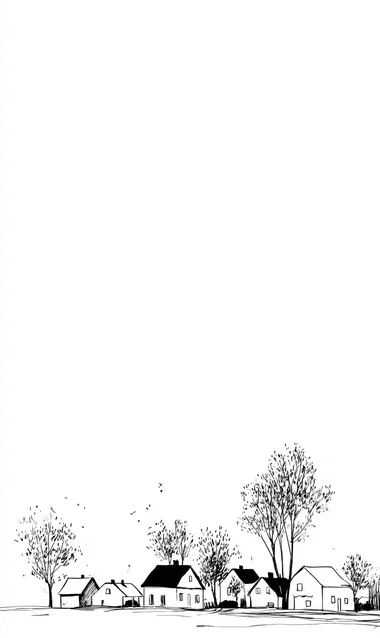 very simple white and black lined sketch of villige , houses, minimalistic, only lines, no fill, trees with leaves, white background,