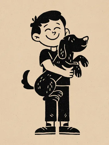 e Cartoon illustration of a happy cute boy,cute dog      rofile rj29g63