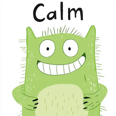 A cute green cartoon monster that is calm smiling slightly, on a white background, in a simple flat illustration style, with colorful, minimalist, simple details and lines. The inscription has to say "Calm". This text will appear on the top or left side of the character. It's a cute character that represents Calm, in the style of Jon Klassen.