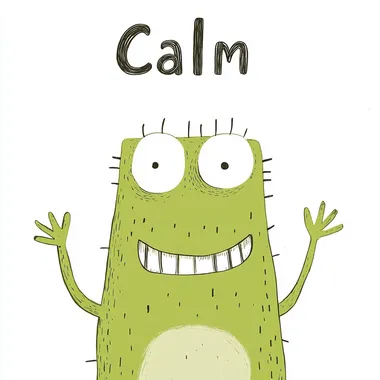 A cute green cartoon monster that is calm smiling slightly, on a white background, in a simple flat illustration style, with colorful, minimalist, simple details and lines. The inscription has to say "Calm". This text will appear on the top or left side of the character. It's a cute character that represents Calm, in the style of Jon Klassen.
