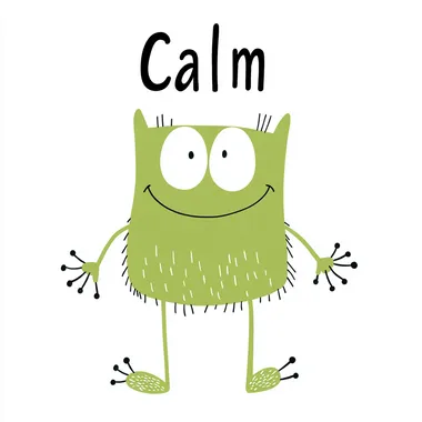 A cute green cartoon monster that is calm smiling slightly, on a white background, in a simple flat illustration style, with colorful, minimalist, simple details and lines. The inscription has to say "Calm". This text will appear on the top or left side of the character. It's a cute character that represents Calm, in the style of Jon Klassen.