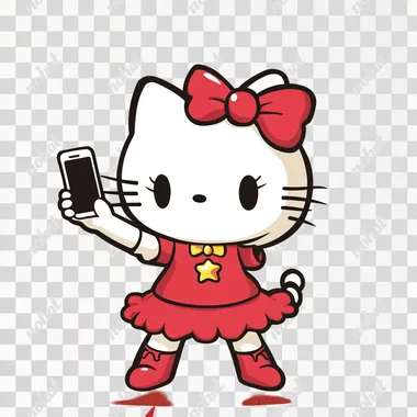 A Hello Kitty, holding a mobile phone in her right hand and taking a selfie, while her left hand is making selfie movements.