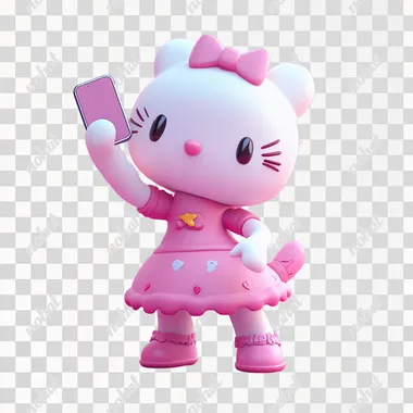 A Hello Kitty, holding a mobile phone in her right hand and taking a selfie, while her left hand is making selfie movements.