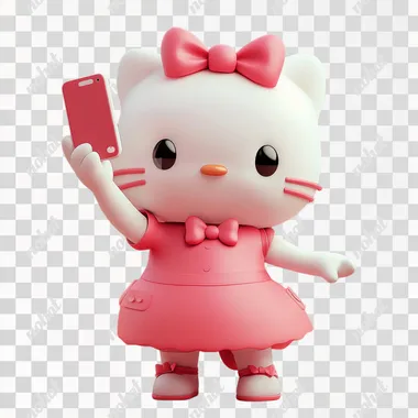 A Hello Kitty, holding a mobile phone in her right hand and taking a selfie, while her left hand is making selfie movements.