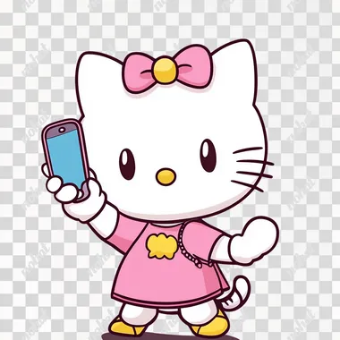 A Hello Kitty, holding a mobile phone in her right hand and taking a selfie, while her left hand is making selfie movements.