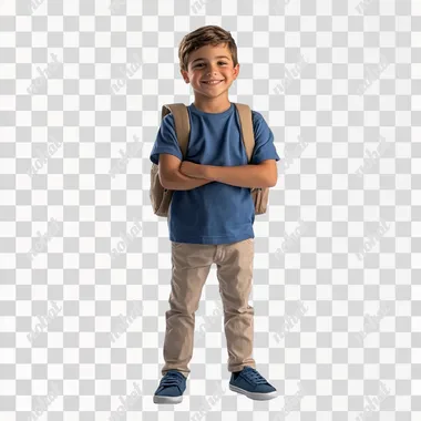 young boy, first day of school, smiling, backpack, blue t-shirt, isolated on white background with shadow, full body and legs, super realistic, 8k