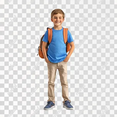 young boy, first day of school, smiling, backpack, blue t-shirt, isolated on white background with shadow, full body and legs, super realistic, 8k