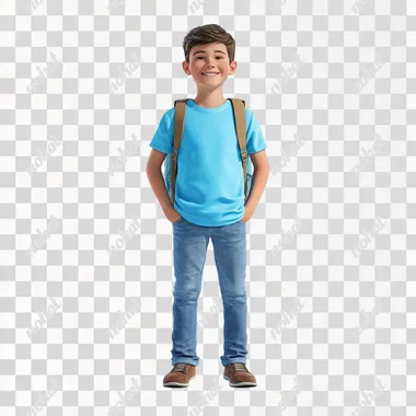 young boy, first day of school, smiling, backpack, blue t-shirt, isolated on white background with shadow, full body and legs, super realistic, 8k