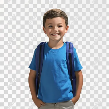 young boy, first day of school, smiling, backpack, blue t-shirt, isolated on white background with shadow, full body and legs, super realistic, 8k