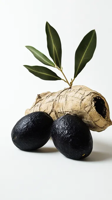 An olive fruit next to a lying ginseng,Pure white background,macro shot of raw material,bokeh,Quixel Megascans Render,photoreal,realisticphotostyle,photography