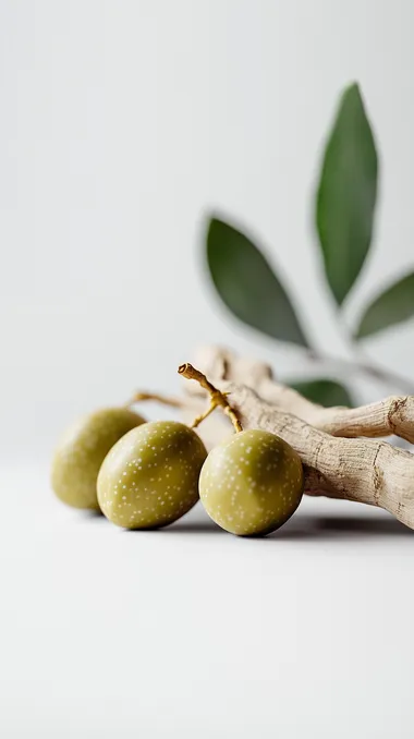An olive fruit next to a lying ginseng,Pure white background,macro shot of raw material,bokeh,Quixel Megascans Render,photoreal,realisticphotostyle,photography