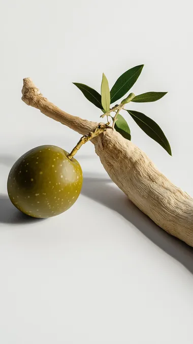 An olive fruit next to a lying ginseng,Pure white background,macro shot of raw material,bokeh,Quixel Megascans Render,photoreal,realisticphotostyle,photography