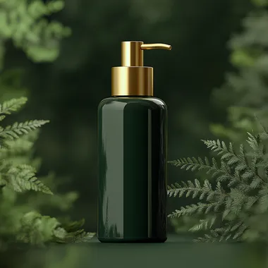 A dark green pump bottle, a golden pump, sits on an olive green background. It is set against the backdrop of a deep forest to create a luxurious feel and can be used as a face or under-eye cream skincare product with an elegant font design.