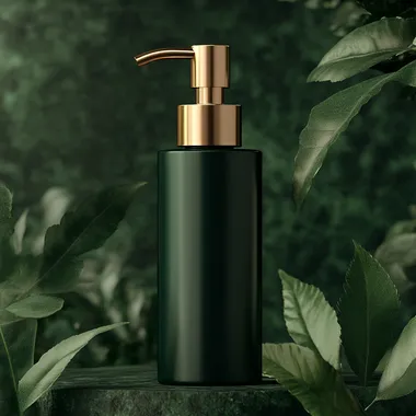 A dark green pump bottle, a golden pump, sits on an olive green background. It is set against the backdrop of a deep forest to create a luxurious feel and can be used as a face or under-eye cream skincare product with an elegant font design.