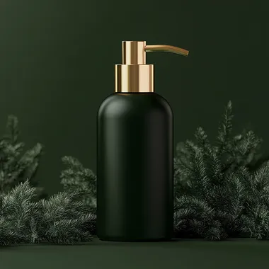 A dark green pump bottle, a golden pump, sits on an olive green background. It is set against the backdrop of a deep forest to create a luxurious feel and can be used as a face or under-eye cream skincare product with an elegant font design.