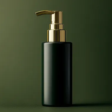 A dark green pump bottle, a golden pump, sits on an olive green background. It is set against the backdrop of a deep forest to create a luxurious feel and can be used as a face or under-eye cream skincare product with an elegant font design.