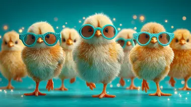 Group of real baby chicks wearing tiny custom-fitted blue sunglasses walking playfully across seamless studio blue floor, light tracking shot with shallow depth of field  --s 250   5bzsz5q