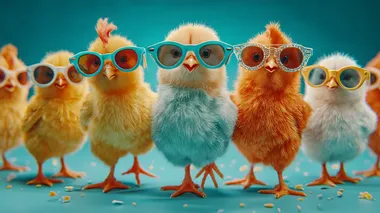 Group of real baby chicks wearing tiny custom-fitted blue sunglasses walking playfully across seamless studio blue floor, light tracking shot with shallow depth of field  --s 250   5bzsz5q