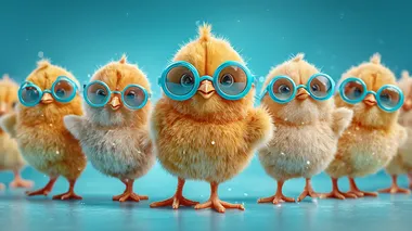 Group of real baby chicks wearing tiny custom-fitted blue sunglasses walking playfully across seamless studio blue floor, light tracking shot with shallow depth of field  --s 250   5bzsz5q