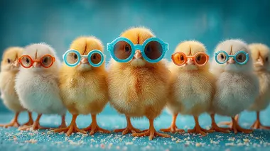 Group of real baby chicks wearing tiny custom-fitted blue sunglasses walking playfully across seamless studio blue floor, light tracking shot with shallow depth of field  --s 250   5bzsz5q