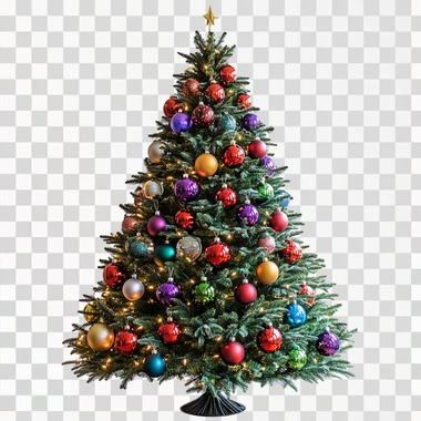 colorful indoor christmas tree, with foot support, isolated, png image