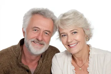 professional photo of an old happy couple, isolated, pure white background, stock photo style  --raw