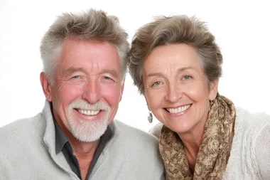 professional photo of an old happy couple, isolated, pure white background, stock photo style  --raw