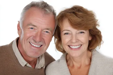 professional photo of an old happy couple, isolated, pure white background, stock photo style  --raw