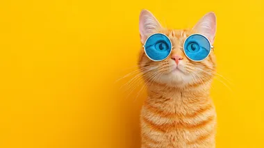 Ginger tabby panda wearing stylish blue sunglasses looking directly at camera with a curious happy expression, close-up shot, peeking slightly over edge, bright studio lighting, solid vibrant yellow background, banner format   rofile fhgr7nq