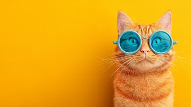 Ginger tabby panda wearing stylish blue sunglasses looking directly at camera with a curious happy expression, close-up shot, peeking slightly over edge, bright studio lighting, solid vibrant yellow background, banner format   rofile fhgr7nq
