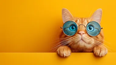 Ginger tabby panda wearing stylish blue sunglasses looking directly at camera with a curious happy expression, close-up shot, peeking slightly over edge, bright studio lighting, solid vibrant yellow background, banner format   rofile fhgr7nq
