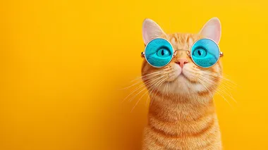 Ginger tabby panda wearing stylish blue sunglasses looking directly at camera with a curious happy expression, close-up shot, peeking slightly over edge, bright studio lighting, solid vibrant yellow background, banner format   rofile fhgr7nq