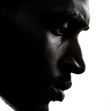 Half silhouette face of an african man, face down, depressed, close up shot, white background