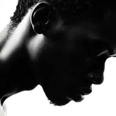 Half silhouette face of an african man, face down, depressed, close up shot, white background