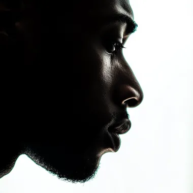 Half silhouette face of an african man, face down, depressed, close up shot, white background