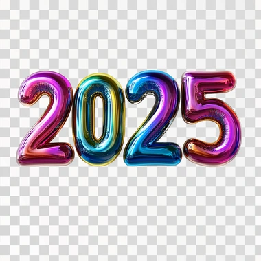 Shiny large 3D volumetric colorful numbers "2025" handwritten in minimalist sans serif font with a drop shadow on white background, picture suitable for invitations, designs, or concepts, in professional stock style, high quality, soft light, copy space