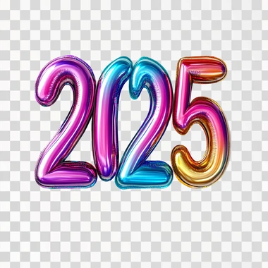 Shiny large 3D volumetric colorful numbers "2025" handwritten in minimalist sans serif font with a drop shadow on white background, picture suitable for invitations, designs, or concepts, in professional stock style, high quality, soft light, copy space