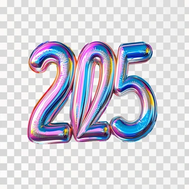 Shiny large 3D volumetric colorful numbers "2025" handwritten in minimalist sans serif font with a drop shadow on white background, picture suitable for invitations, designs, or concepts, in professional stock style, high quality, soft light, copy space