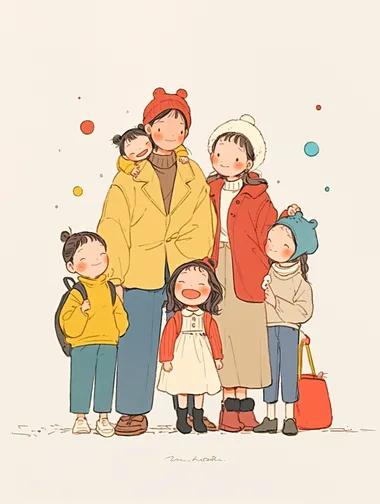 Simple doodle of five people, A handsome father, a stylish and beautiful mother wearing Dior clothes, a beautiful hairpin on her head, and a Chanel bag in her hand, a 12-year-old daughter, a 6-year-old daughter, and a 5-year-old son, they stand together, with regular features,the picture is very warm, The background is white, with colorful circles drawn around them in different sizes. In the style of modern art, this print is suitable for a kid's room decor. Isolated on a solid white background.