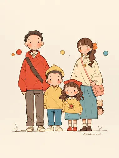 Simple doodle of five people, A handsome father, a stylish and beautiful mother wearing Dior clothes, a beautiful hairpin on her head, and a Chanel bag in her hand, a 12-year-old daughter, a 6-year-old daughter, and a 5-year-old son, they stand together, with regular features,the picture is very warm, The background is white, with colorful circles drawn around them in different sizes. In the style of modern art, this print is suitable for a kid's room decor. Isolated on a solid white background.